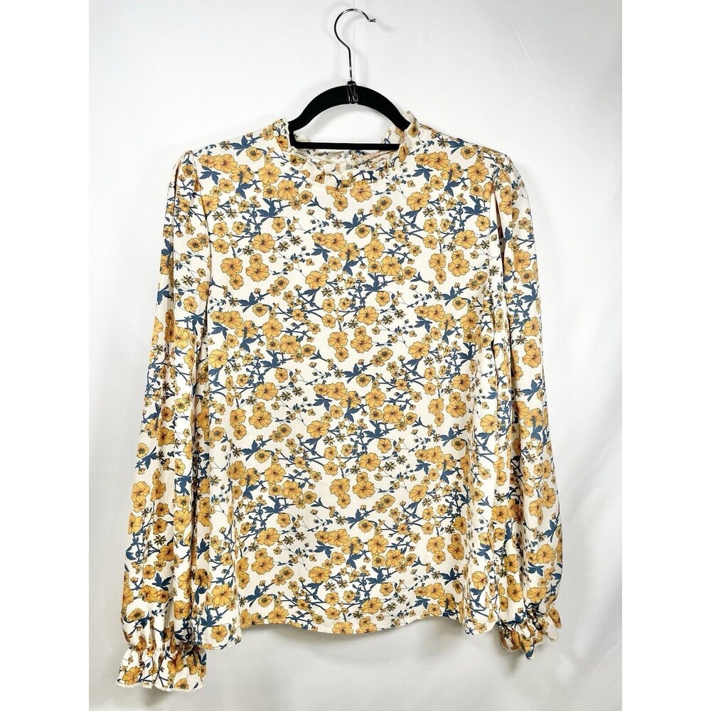 Pleated Ruffle Neck Top Blouse Size Large Floral Gathered Ruffle Long Sleeved